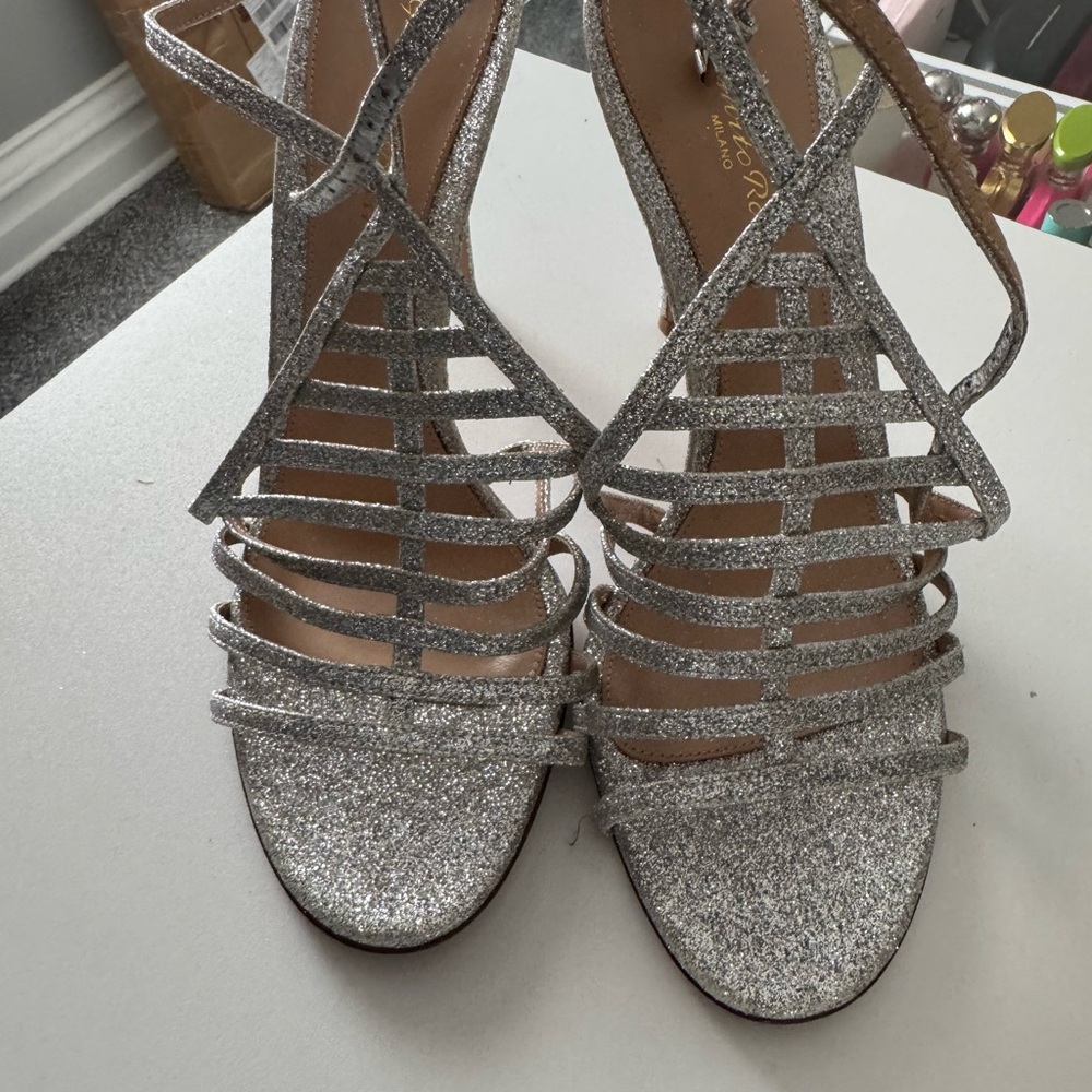 Gianvito Rossi Silver Glitter Strappy Heels